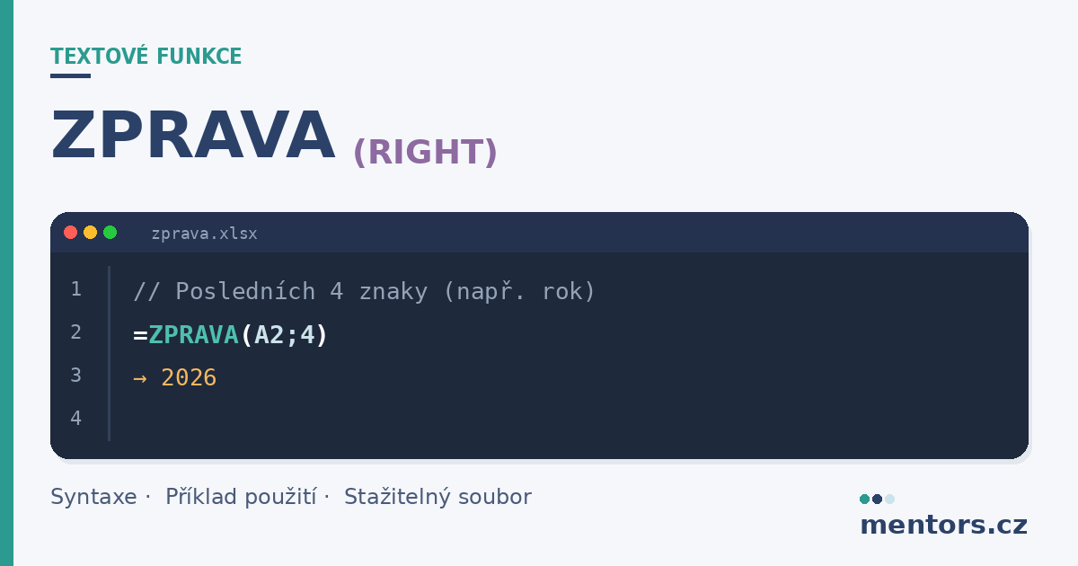 Excel funkce ZPRAVA (RIGHT)